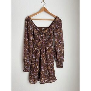 Hollister Brown Floral Smocked Square Neck Long Sleeve Mini Dress Women's Size S